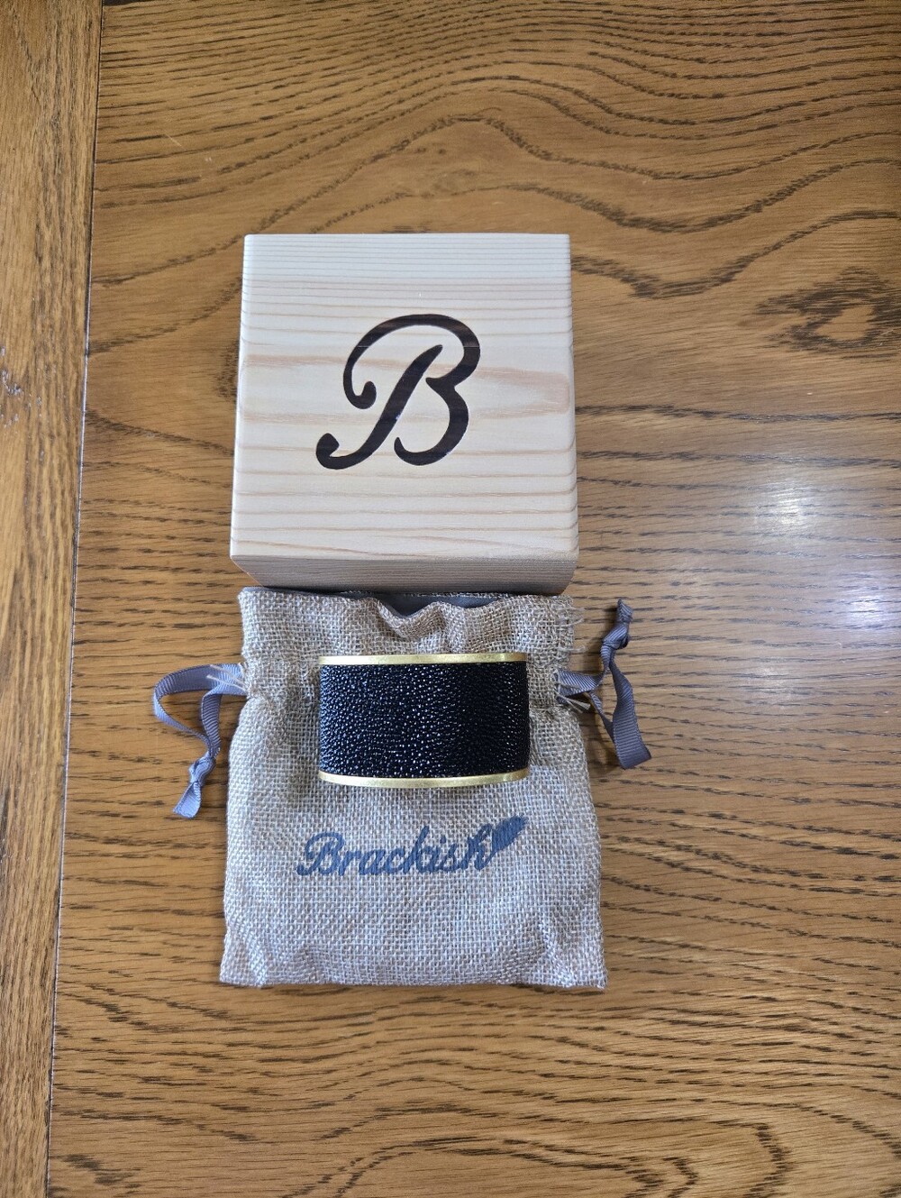 Brocks Black Stingray-Texture Bracelet with Gold Trim